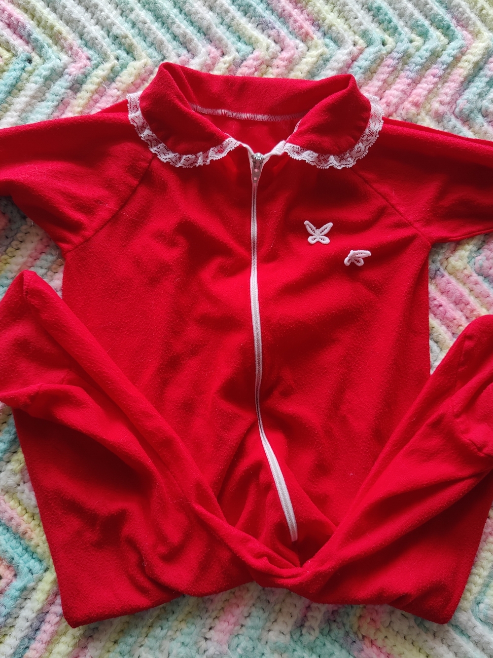 Vintage 60/70s Red Zip-Up One-Piece with Lace Collar